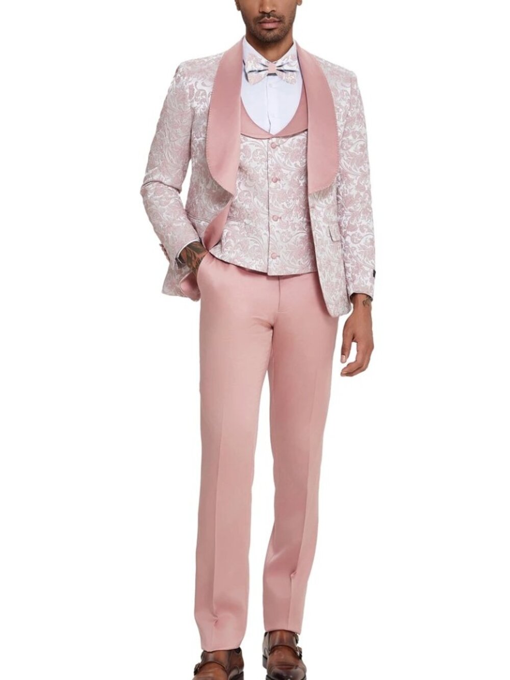 Pink Textured Paisley Wide Shawl Lapel 3 Piece Fashion Men's Suit